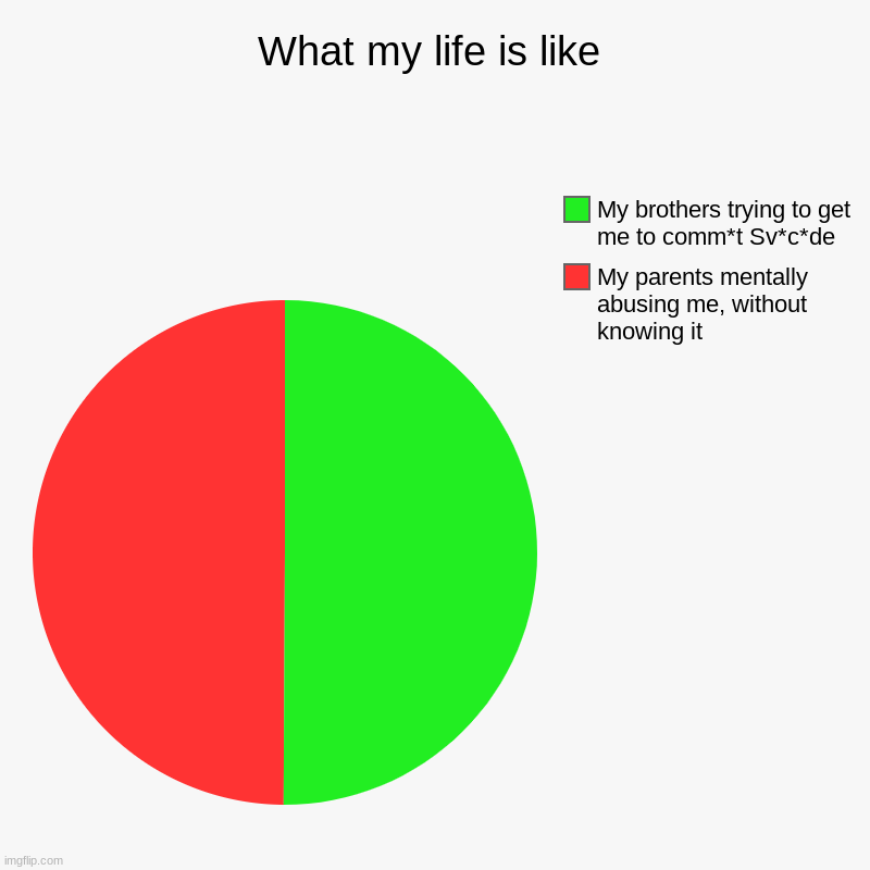 Yeah. Everyday. | What my life is like | My parents mentally abusing me, without knowing it, My brothers trying to get me to comm*t Sv*c*de | image tagged in charts,pie charts | made w/ Imgflip chart maker