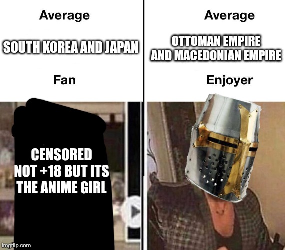 Average south korea and japan fan vs average turkey and greece enjoyer | SOUTH KOREA AND JAPAN; OTTOMAN EMPIRE AND MACEDONIAN EMPIRE; CENSORED NOT +18 BUT ITS THE ANIME GIRL | image tagged in average fan vs average enjoyer,greece,turkey,japan,south korea | made w/ Imgflip meme maker