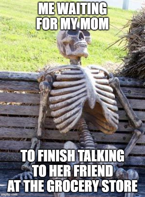 Waiting Skeleton | ME WAITING FOR MY MOM; TO FINISH TALKING TO HER FRIEND AT THE GROCERY STORE | image tagged in memes,waiting skeleton | made w/ Imgflip meme maker