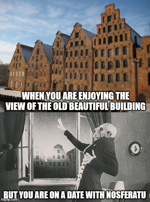 Date night | WHEN YOU ARE ENJOYING THE VIEW OF THE OLD BEAUTIFUL BUILDING; BUT YOU ARE ON A DATE WITH NOSFERATU | image tagged in old,building,germany,date,midnight,nosferatu | made w/ Imgflip meme maker