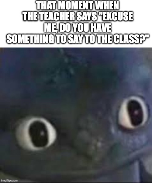 Uh oh, someone was talking | THAT MOMENT WHEN THE TEACHER SAYS "EXCUSE ME, DO YOU HAVE SOMETHING TO SAY TO THE CLASS?" | image tagged in uh oh toothless,school | made w/ Imgflip meme maker