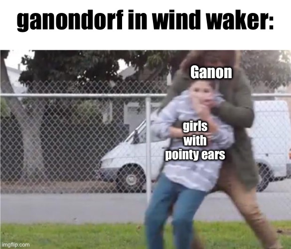 his plan was to kidnap girls until he found zelda | ganondorf in wind waker:; Ganon; girls with pointy ears | image tagged in child being kidnapped | made w/ Imgflip meme maker