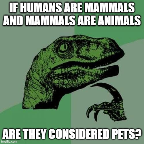 Hmmmmmmmmm | IF HUMANS ARE MAMMALS AND MAMMALS ARE ANIMALS; ARE THEY CONSIDERED PETS? | image tagged in memes,philosoraptor | made w/ Imgflip meme maker