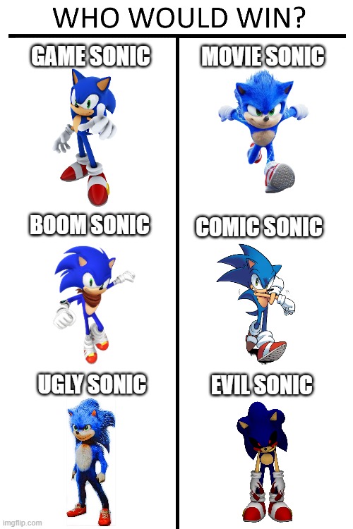 I Think Game Sonic Would Win...  What About You?.. | MOVIE SONIC; GAME SONIC; BOOM SONIC; COMIC SONIC; UGLY SONIC; EVIL SONIC | image tagged in who would win,sonic,sonic movie,sonic boom,sonic exe,sonic comic thingy | made w/ Imgflip meme maker