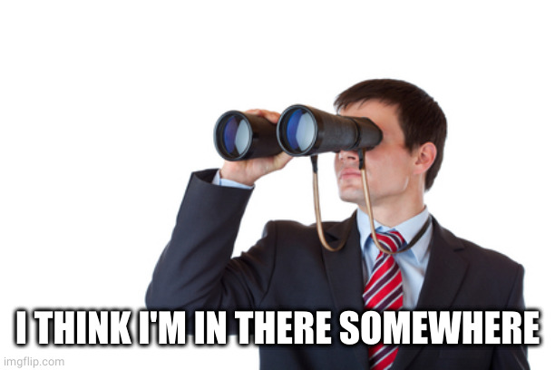 Binoculars | I THINK I'M IN THERE SOMEWHERE | image tagged in binoculars | made w/ Imgflip meme maker