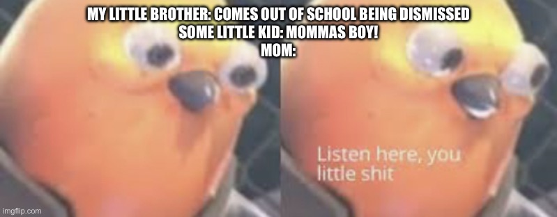 “Rowlet joins the chat” | MY LITTLE BROTHER: COMES OUT OF SCHOOL BEING DISMISSED
SOME LITTLE KID: MOMMAS BOY!
MOM: | image tagged in listen here you little shit bird | made w/ Imgflip meme maker