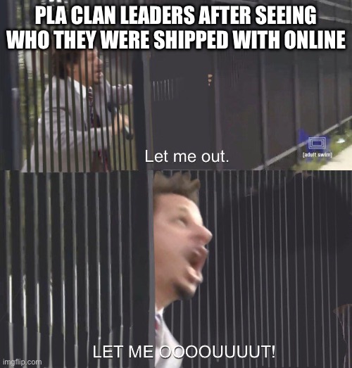 Why all that? | PLA CLAN LEADERS AFTER SEEING WHO THEY WERE SHIPPED WITH ONLINE | image tagged in let me out | made w/ Imgflip meme maker