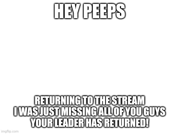 HEY PEEPS; RETURNING TO THE STREAM
I WAS JUST MISSING ALL OF YOU GUYS
YOUR LEADER HAS RETURNED! | made w/ Imgflip meme maker