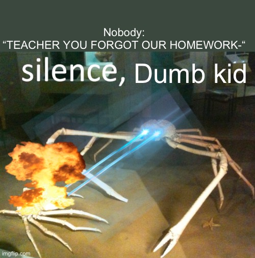 NO! | Nobody:
“TEACHER YOU FORGOT OUR HOMEWORK-“; Dumb kid | image tagged in silence crab,memes | made w/ Imgflip meme maker