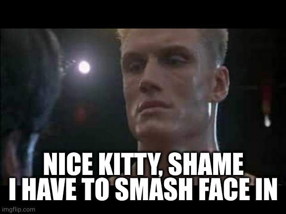 Drago rocky  | NICE KITTY, SHAME I HAVE TO SMASH FACE IN | image tagged in drago rocky | made w/ Imgflip meme maker