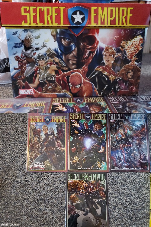 This is my secret empire stuff! The box was my first comic book box and the 1st secret empire is actually a free comic book day  | image tagged in secret,empire,comics,comic book,marvel,marvel comics | made w/ Imgflip meme maker