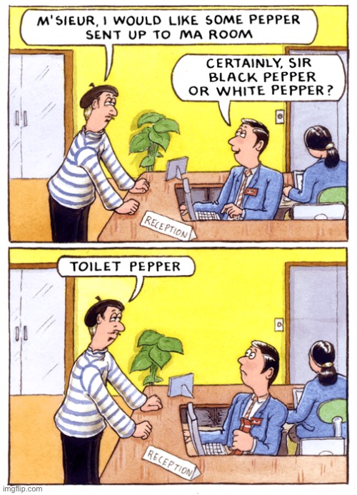 M’sieur pepper to my room | image tagged in french visitor,pepper to ma room,black or white sir,toilet pepper,comics | made w/ Imgflip meme maker