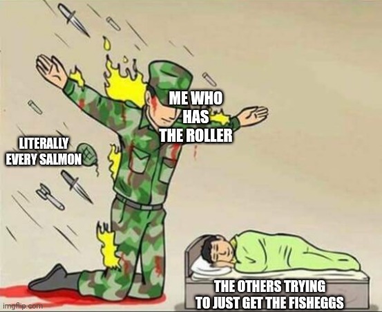 Why | ME WHO HAS THE ROLLER; LITERALLY EVERY SALMON; THE OTHERS TRYING TO JUST GET THE FISHEGGS | image tagged in soldier protecting sleeping child,splatoon,salmon run | made w/ Imgflip meme maker