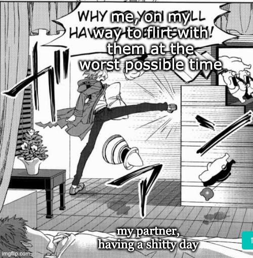Nagito kicking down door | me, on my way to flirt with them at the worst possible time; my partner, having a shitty day | image tagged in nagito kicking down door | made w/ Imgflip meme maker