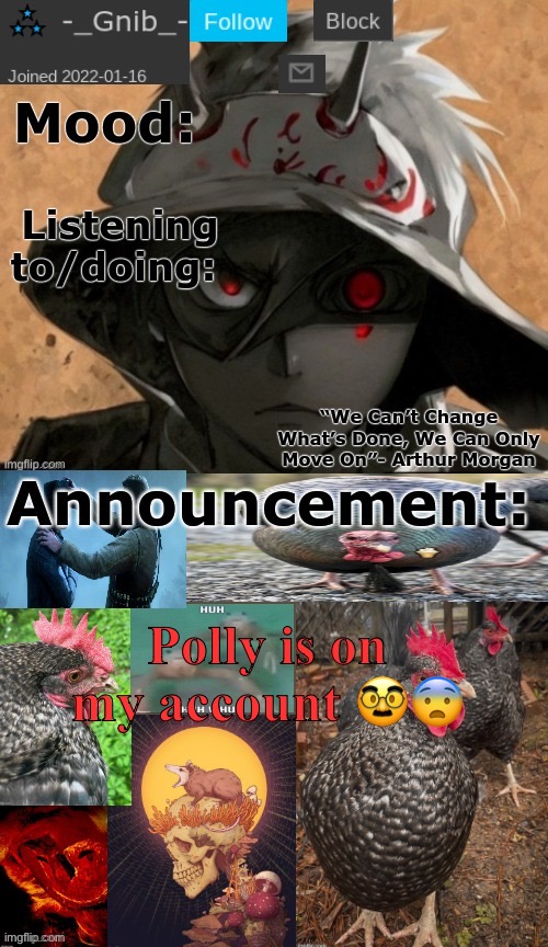 Polly is on my account 🥸😨 | image tagged in gnib's announcement template | made w/ Imgflip meme maker