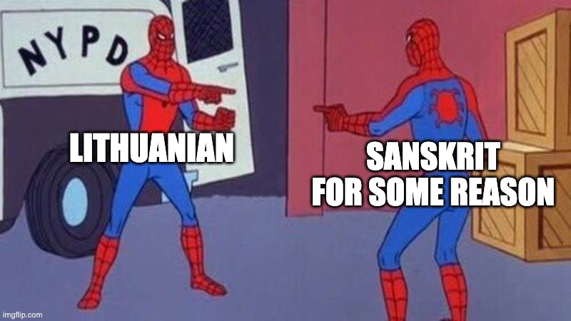 does someone know how this happened | LITHUANIAN; SANSKRIT FOR SOME REASON | image tagged in spiderman pointing at spiderman | made w/ Imgflip meme maker