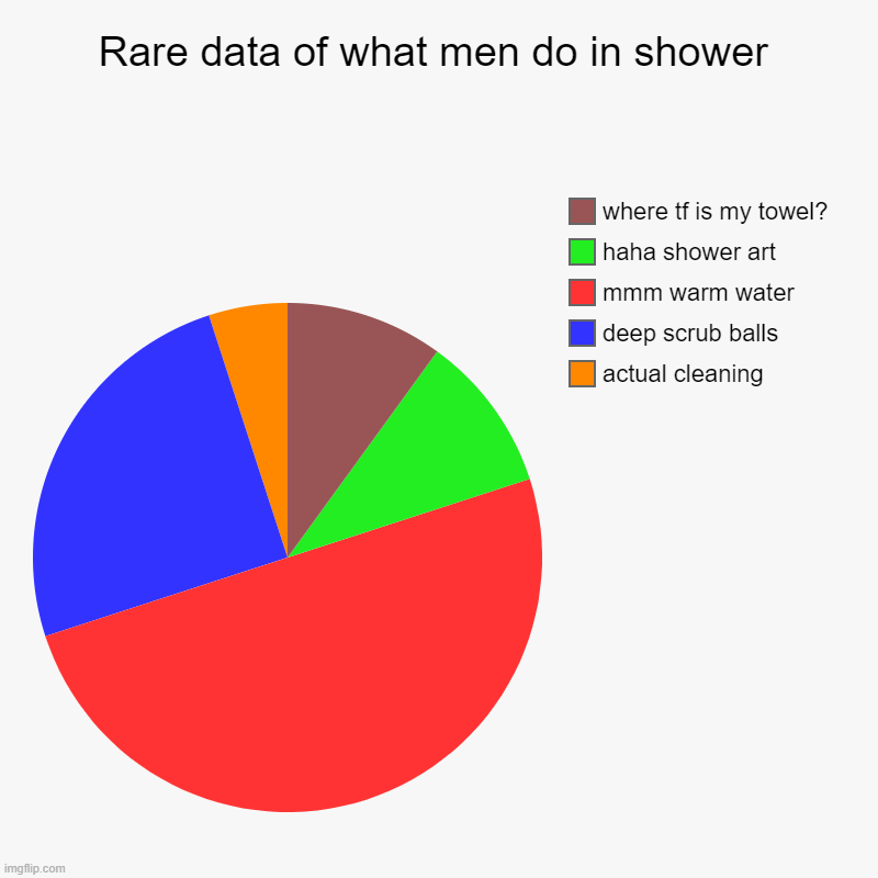 Rare data of what men do in shower | actual cleaning, deep scrub balls, mmm warm water, haha shower art, where tf is my towel? | image tagged in charts,pie charts | made w/ Imgflip chart maker