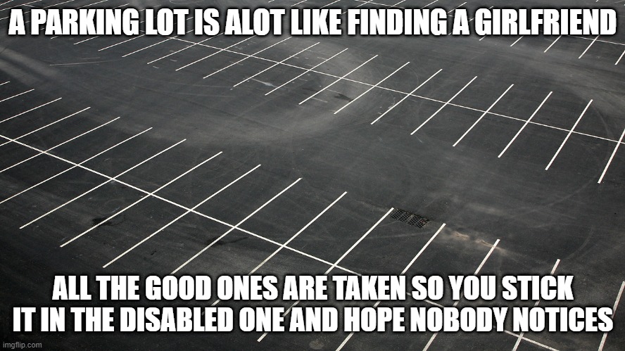 Girlfriend Search | A PARKING LOT IS ALOT LIKE FINDING A GIRLFRIEND; ALL THE GOOD ONES ARE TAKEN SO YOU STICK IT IN THE DISABLED ONE AND HOPE NOBODY NOTICES | image tagged in empty parking lot | made w/ Imgflip meme maker
