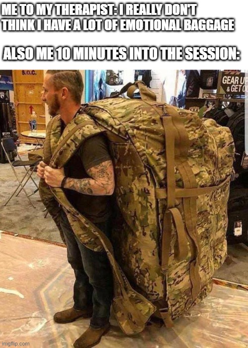 help | ME TO MY THERAPIST: I REALLY DON'T THINK I HAVE A LOT OF EMOTIONAL BAGGAGE; ALSO ME 10 MINUTES INTO THE SESSION: | image tagged in bugout bag,therapy | made w/ Imgflip meme maker