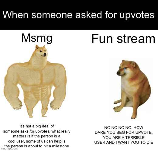 10 upvotes and it’s going on the fun stream | When someone asked for upvotes; Msmg; Fun stream; NO NO NO NO, HOW DARE YOU BEG FOR UPVOTE, YOU ARE A TERRIBLE USER AND I WANT YOU TO DIE; It’s not a big deal of someone asks for upvotes, what really matters is if the person is a cool user, some of us can help is the person is about to hit a milestone | image tagged in memes,buff doge vs cheems | made w/ Imgflip meme maker