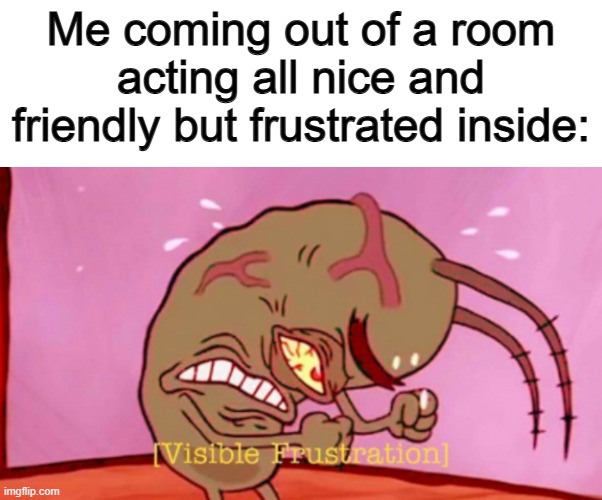 Teachers probably do this all the time XD | Me coming out of a room acting all nice and friendly but frustrated inside: | image tagged in visible frustration hd | made w/ Imgflip meme maker
