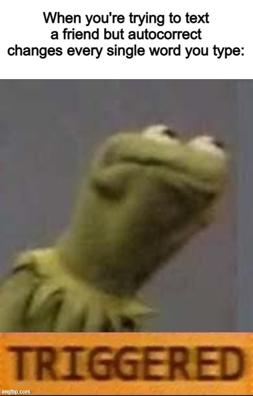 So annoying tbh :/ | When you're trying to text a friend but autocorrect changes every single word you type: | image tagged in kermit triggered | made w/ Imgflip meme maker