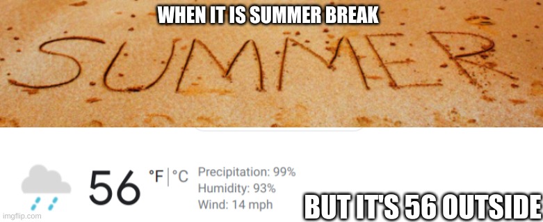This is literally what summer break feels like | WHEN IT IS SUMMER BREAK; BUT IT'S 56 OUTSIDE | image tagged in summertime,break,cold weather | made w/ Imgflip meme maker