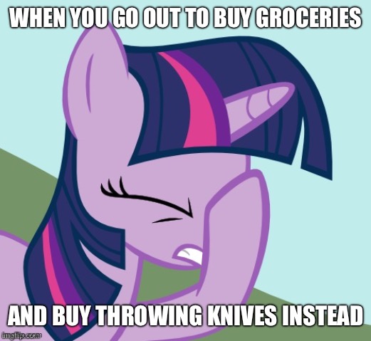 TS face hoof | WHEN YOU GO OUT TO BUY GROCERIES AND BUY THROWING KNIVES INSTEAD | image tagged in ts face hoof | made w/ Imgflip meme maker