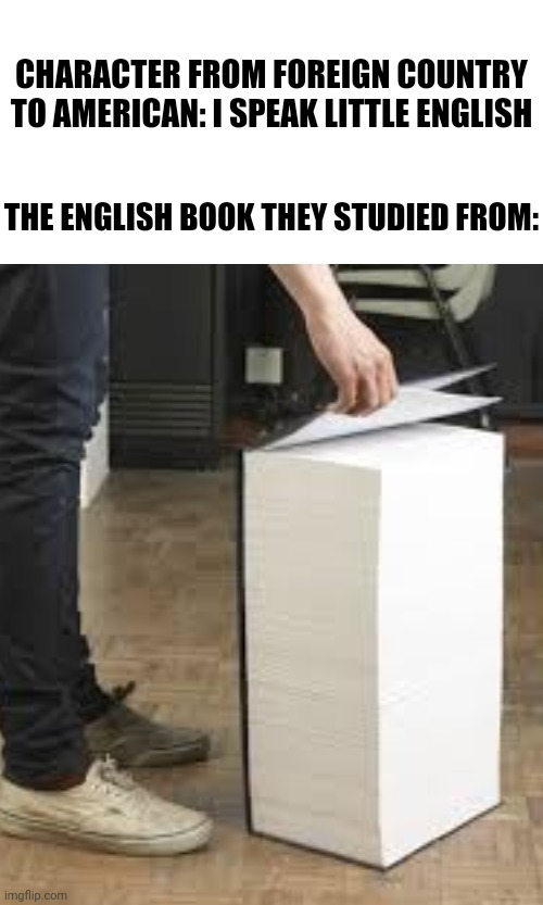 Movie Logic | CHARACTER FROM FOREIGN COUNTRY TO AMERICAN: I SPEAK LITTLE ENGLISH; THE ENGLISH BOOK THEY STUDIED FROM: | image tagged in movie logic,movies,english | made w/ Imgflip meme maker
