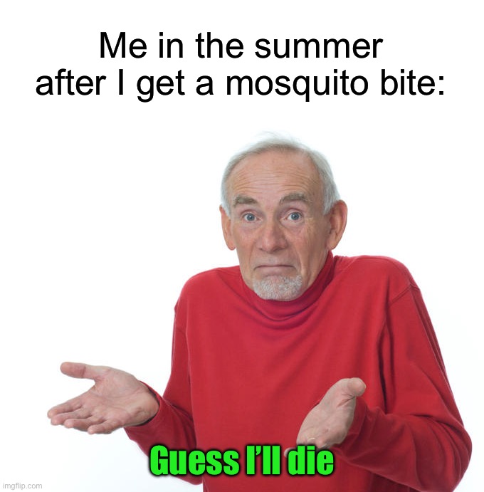I get bites but I’ve never gotten sick | Me in the summer after I get a mosquito bite:; Guess I’ll die | image tagged in guess i ll die,memes,funny,true story,relatable memes,summer | made w/ Imgflip meme maker