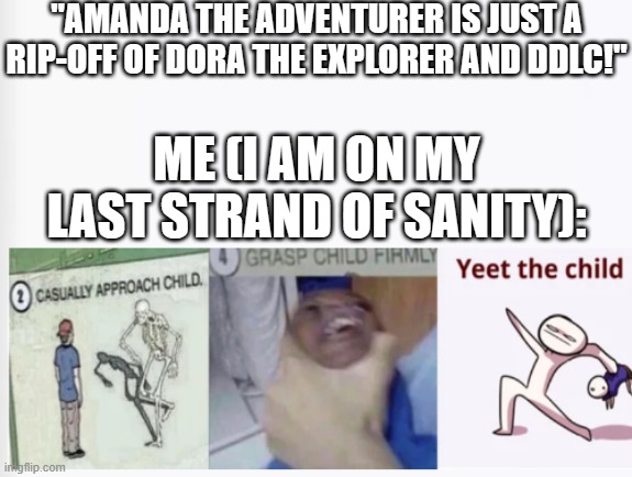What I was gonna do to my S.O. deadass when they said this shit | "AMANDA THE ADVENTURER IS JUST A RIP-OFF OF DORA THE EXPLORER AND DDLC!"; ME (I AM ON MY LAST STRAND OF SANITY): | image tagged in casually approach child grasp child firmly yeet the child | made w/ Imgflip meme maker