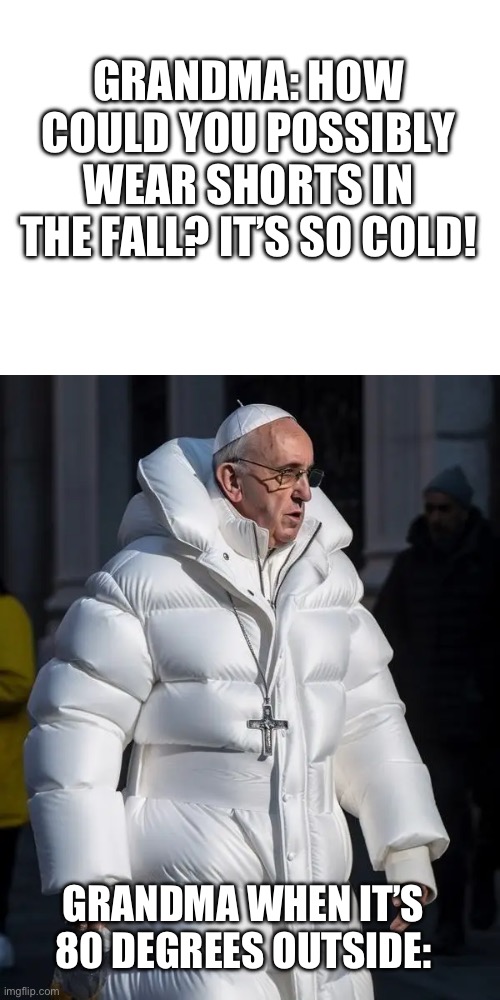 It’s 81 degrees outside today an my grandma is in long sleeves | GRANDMA: HOW COULD YOU POSSIBLY WEAR SHORTS IN THE FALL? IT’S SO COLD! GRANDMA WHEN IT’S 80 DEGREES OUTSIDE: | image tagged in pope swag | made w/ Imgflip meme maker