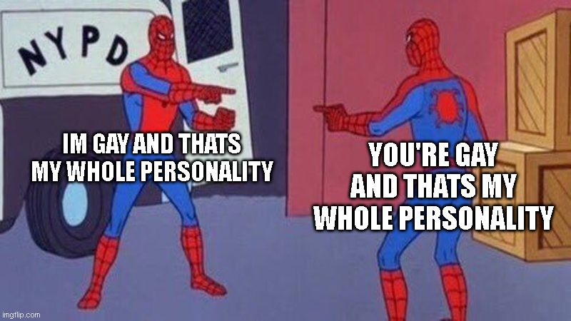 straight liberals be like... | IM GAY AND THATS MY WHOLE PERSONALITY; YOU'RE GAY AND THATS MY WHOLE PERSONALITY | image tagged in spiderman pointing at spiderman | made w/ Imgflip meme maker