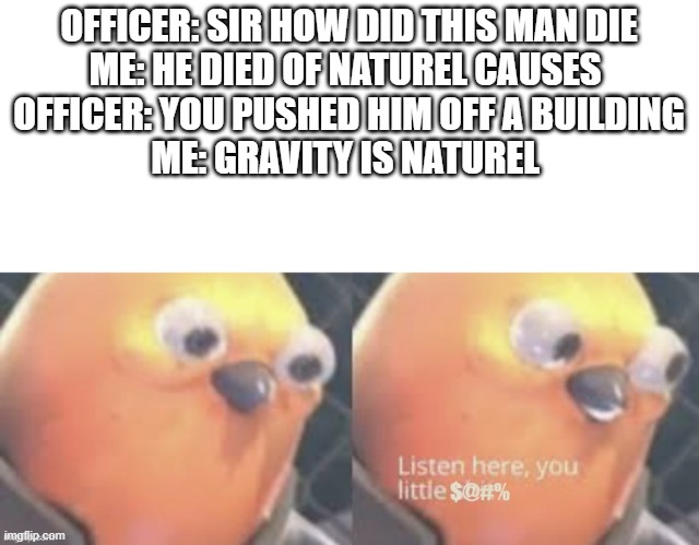 Now listen here you little $@#% | OFFICER: SIR HOW DID THIS MAN DIE
ME: HE DIED OF NATUREL CAUSES 
OFFICER: YOU PUSHED HIM OFF A BUILDING
ME: GRAVITY IS NATUREL | image tagged in now listen here you little | made w/ Imgflip meme maker