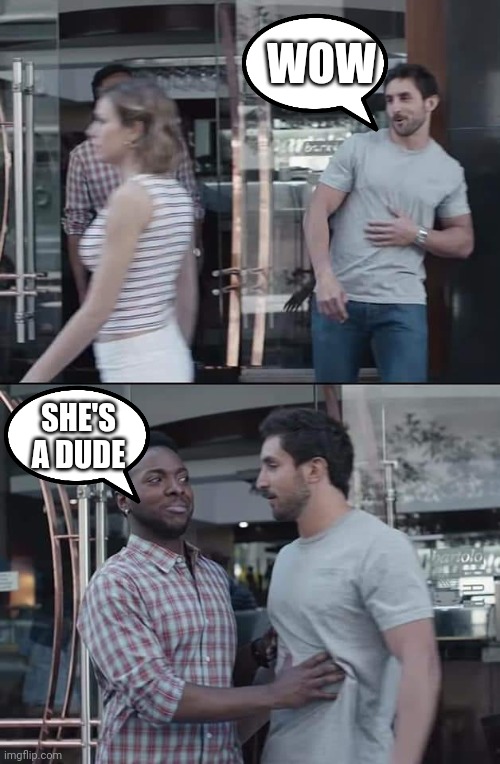I gotcha yah bro | WOW; SHE'S A DUDE | image tagged in black guy stopping | made w/ Imgflip meme maker