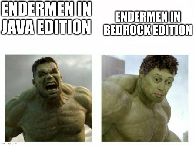 They're calmer in bedrock edition for some reason | ENDERMEN IN JAVA EDITION; ENDERMEN IN BEDROCK EDITION | image tagged in angry hulk,minecraft memes,enderman | made w/ Imgflip meme maker
