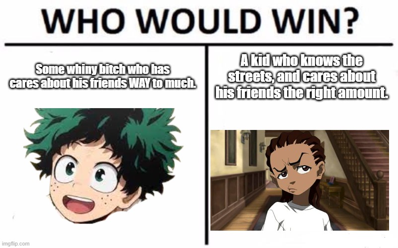 I think the winner is clear | Some whiny bitch who has cares about his friends WAY to much. A kid who knows the streets, and cares about his friends the right amount. | image tagged in memes,who would win,anime | made w/ Imgflip meme maker