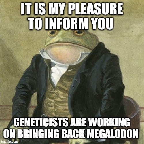Bring back the meg!!! | IT IS MY PLEASURE TO INFORM YOU; GENETICISTS ARE WORKING ON BRINGING BACK MEGALODON | image tagged in gentlemen it is with great pleasure to inform you that | made w/ Imgflip meme maker