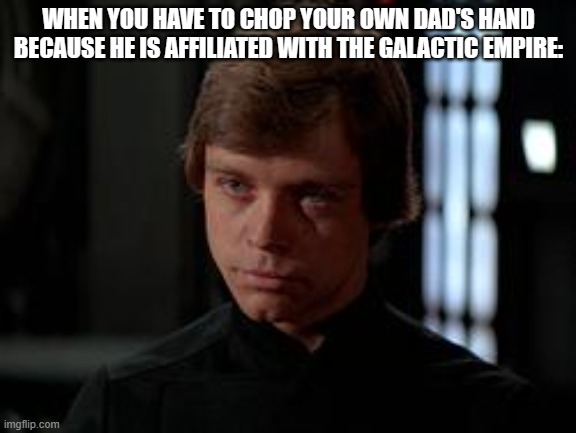 Luke Skywalker | WHEN YOU HAVE TO CHOP YOUR OWN DAD'S HAND BECAUSE HE IS AFFILIATED WITH THE GALACTIC EMPIRE: | image tagged in luke skywalker,starwars,goofy ahh | made w/ Imgflip meme maker