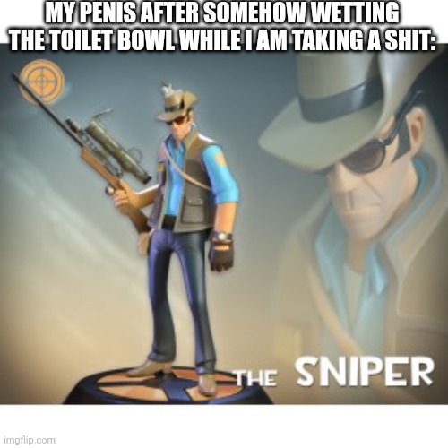 LOL | MY PENIS AFTER SOMEHOW WETTING THE TOILET BOWL WHILE I AM TAKING A SHIT: | image tagged in the sniper tf2 meme | made w/ Imgflip meme maker