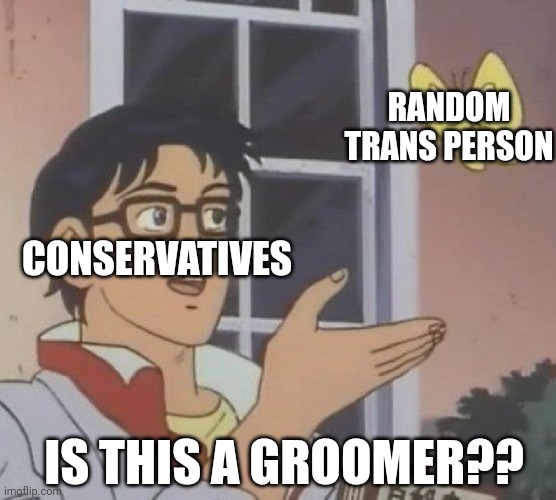 Is This A Pigeon Meme | CONSERVATIVES RANDOM TRANS PERSON IS THIS A GROOMER?? | image tagged in memes,is this a pigeon | made w/ Imgflip meme maker
