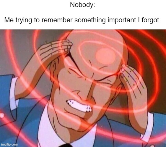 I forgot now... | Nobody:
 
Me trying to remember something important I forgot. | image tagged in trying to remember,memes,funny,so true memes,i forgor,remember | made w/ Imgflip meme maker