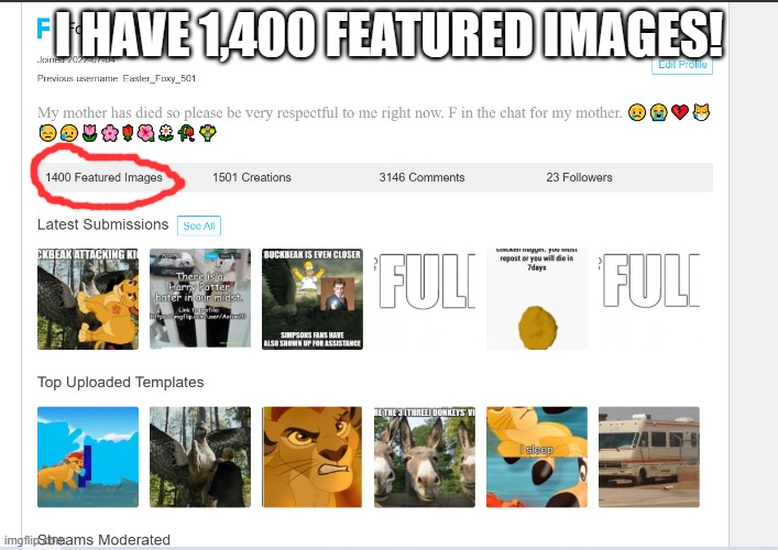 Foxy_501 profile | I HAVE 1,400 FEATURED IMAGES! | image tagged in foxy_501 profile | made w/ Imgflip meme maker