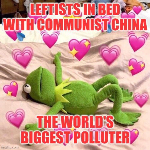 kermit in love | LEFTISTS IN BED WITH COMMUNIST CHINA THE WORLD'S BIGGEST POLLUTER | image tagged in kermit in love | made w/ Imgflip meme maker