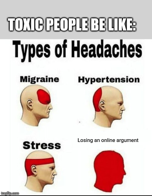 Types of Headaches meme | TOXIC PEOPLE BE LIKE:; Losing an online argument | image tagged in types of headaches meme | made w/ Imgflip meme maker