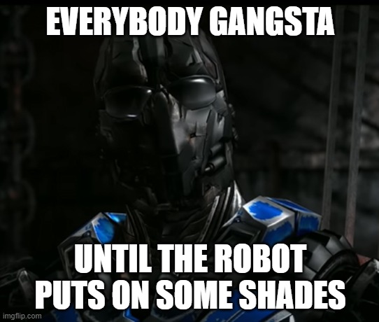 Terminator in a Nutshell | EVERYBODY GANGSTA; UNTIL THE ROBOT PUTS ON SOME SHADES | image tagged in memes | made w/ Imgflip meme maker