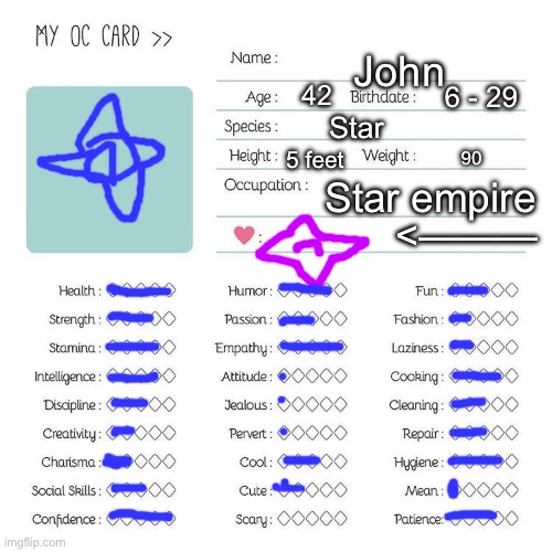 John is a nice character :D | John; 42; 6 - 29; Star; 5 feet; 90; Star empire; <——— | image tagged in oc card template | made w/ Imgflip meme maker