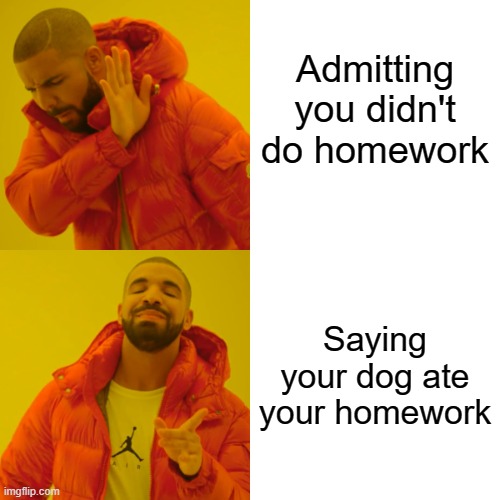 Drake Hotline Bling Meme | Admitting you didn't do homework; Saying your dog ate your homework | image tagged in memes,drake hotline bling | made w/ Imgflip meme maker