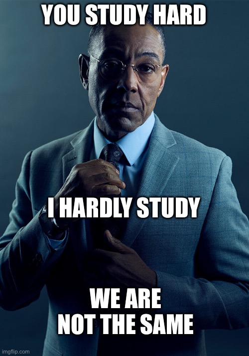 Studying | YOU STUDY HARD; I HARDLY STUDY; WE ARE NOT THE SAME | image tagged in gus fring we are not the same,study | made w/ Imgflip meme maker