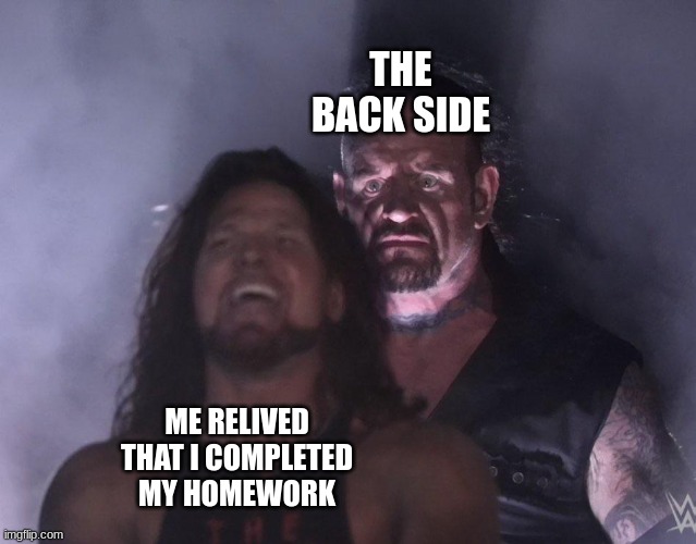 undertaker | THE BACK SIDE; ME RELIVED THAT I COMPLETED MY HOMEWORK | image tagged in undertaker | made w/ Imgflip meme maker